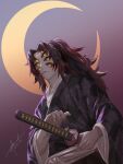  1boy black_hair black_kimono closed_mouth commentary crescent_moon drid extra_eyes facial_mark fingernails gradient gradient_background highres holding holding_sheath honeycomb_(pattern) japanese_clothes katana kimetsu_no_yaiba kimono kokushibou long_hair long_sleeves looking_at_viewer male_focus moon multicolored_hair ponytail reaching red_sclera redhead scabbard sharp_fingernails sheath sheathed signature solo standing sword two-tone_hair upper_body weapon wide_sleeves yellow_eyes 