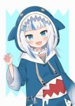  1girl :d animal_costume animal_hood arm_at_side bangs blue_background blue_eyes blue_hair blue_hoodie blue_nails blunt_bangs blush claw_pose commentary gawr_gura hand_up highres hololive hololive_english hood hood_up hoodie ixia_(ixia424) looking_at_viewer medium_hair multicolored_hair nail_polish open_mouth shark_costume shark_hood sharp_teeth silver_hair smile solo streaked_hair teeth two-tone_background two_side_up upper_body upper_teeth virtual_youtuber white_background wide_sleeves 