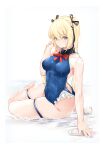  1girl azur_lane black_ribbon blonde_hair blue_eyes blue_swimsuit bottle bow bowtie breasts dead_or_alive eyebrows_visible_through_hair hair_between_eyes hair_ribbon highres large_breasts leg_garter long_hair looking_at_viewer majo_(pastamajo) marie_rose one-piece_swimsuit red_neckwear ribbon simple_background sitting solo swimsuit twintails white_background 