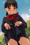  1girl absurdres bangs black_hair black_sailor_collar black_serafuku black_shirt black_skirt blurry blurry_background blush brown_eyes day depth_of_field eyebrows_visible_through_hair highres lifted_by_self long_hair long_sleeves looking_at_viewer matsunaga_kouyou original outdoors parted_bangs parted_lips red_neckwear sailor_collar school_uniform serafuku shirt skirt skirt_lift smile solo 