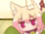  1girl animal_ear_fluff animal_ears bangs bell bell_collar blonde_hair blurry blurry_foreground brown_collar collar commentary_request depth_of_field eyebrows_visible_through_hair fox_ears green_shirt hair_between_eyes hair_bun hair_ornament highres indoors jingle_bell kemomimi-chan_(naga_u) long_hair long_sleeves looking_at_viewer naga_u original red_eyes shirt sleeves_past_fingers sleeves_past_wrists solo 