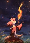  absurdres clouds commentary_request delphox eyelashes fire from_below from_side fur furry gen_6_pokemon grass hands_up highres holding holding_stick kisa_(kisa-kisa5900) looking_up night outdoors pokemon pokemon_(creature) sky solo standing star_(sky) stick 