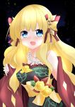  1girl absurdres bangs blonde_hair blue_eyes blush bow breasts dendoubatta elf eyebrows_visible_through_hair hair_bow hair_ornament highres large_breasts long_hair looking_at_viewer pointy_ears princess_connect! princess_connect!_re:dive saren_(princess_connect!) smile solo 