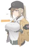  1girl blue_eyes blush breast_lift breasts brown_hair deele_(girls_frontline) genderswap genderswap_(mtf) girls_frontline hat highres large_breasts ponytail sidelocks solo sweatdrop zzzearly 