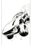  2boys absurdres black_sclera blank_eyes car driving dutch_angle foreshortening genos greyscale ground_vehicle highres monochrome motor_vehicle multiple_boys murata_yuusuke official_art one-punch_man scan smoke traditional_media 