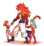  1boy 2girls abs biceps black_footwear black_hair bra_(dragon_ball) dragon_ball dragon_ball_gt fusion_dance gogeta green_hair highres metamoran_vest monkey_boy monkey_tail multiple_girls muscle no_nipples pan_(dragon_ball) pants redhead relio_db318 simple_background tail white_pants 