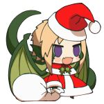  1girl :d blonde_hair blush_stickers chibi christmas commentary draco_(monster_musume) dragon_girl dragon_tail dragon_wings english_commentary fangs hat highres loen-lapae long_sleeves meme monster_girl monster_musume_no_iru_nichijou open_mouth padoru red_headwear sack santa_costume santa_hat short_hair skin_fangs smile solo standing tail transparent_background violet_eyes wings 