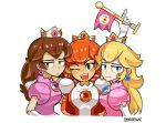  3girls annoyed blonde_hair blue_eyes breasts brown_eyes brown_hair crown dress english_commentary flag freckles grey_eyes highres holding holding_flag looking_to_the_side mag_(magdraws) super_mario_bros. medium_breasts multicolored multicolored_clothes multicolored_dress multiple_girls one_eye_closed orange_dress pink_dress princess_peach super_mario_bros. super_mario_bros._3 white_background white_dress 