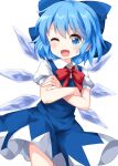  1girl bangs blue_bow blue_dress blue_eyes blue_hair bow bowtie cirno collared_shirt cowboy_shot crossed_arms dress eyebrows_visible_through_hair hair_bow highres ice ice_wings looking_at_viewer one_eye_closed open_mouth puffy_short_sleeves puffy_sleeves red_bow red_neckwear ruu_(tksymkw) shirt short_hair short_sleeves simple_background smile solo standing touhou white_background white_shirt wings 