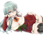  1girl breasts dd_(ijigendd) detached_sleeves dress fur-trimmed_dress fur-trimmed_sleeves fur_trim green_eyes green_hair highres kantai_collection large_breasts long_hair long_sleeves lying on_side red_dress red_sleeves santa_costume santa_dress short_dress solo suzuya_(kantai_collection) thigh-highs 