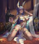  1girl absurdres animal_ears anubis bangle barefoot bed blue_eyes bracelet breasts dancer dark_skin dog egyptian_clothes egyptian_mythology eyeliner fingernails highres jewelry large_breasts long_fingernails long_hair makeup mascara nail_polish navel necklace original pendant purple_hair purple_nails sitting vase wariza xzu 