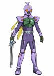  1boy armor belt bodysuit cham_fau compound_eyes dunbine gloves helmet holding holding_sword holding_weapon kamen_rider male_focus mask open_hand orange_eyes redesign seisenshi_dunbine simple_background solo sword tokusatsu trait_connection ueyama_michirou weapon white_background 