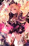  1girl asymmetrical_legwear asymmetrical_sleeves bangs birdcage blonde_hair breasts cage cape earrings ereshkigal_(fate/grand_order) fate/grand_order fate_(series) gold_trim highres hoop_earrings infinity jewelry long_hair long_sleeves looking_at_viewer medium_breasts multicolored multicolored_cape multicolored_clothes open_mouth parted_bangs red_eyes rioka_(southern_blue_sky) single_sleeve single_thighhigh skull smile spine thigh-highs thighs tiara two_side_up very_long_hair 