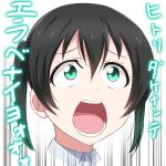  1girl bangs black_hair close-up commentary_request green_eyes green_hair highres looking_up love_live! love_live!_nijigasaki_high_school_idol_club multicolored_hair parody portrait short_hair solo surprised takasaki_yuu translation_request twintails two-tone_hair wide-eyed zero-theme 