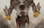  1boy 1other absurdres blurry blurry_background brown_hair clenched_hands facing_away formal from_behind genshin_impact highres jacket jewelry long_hair long_sleeves male_focus mnikkuri monster polearm ponytail single_earring spear weapon white_background zhongli_(genshin_impact) 