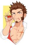  1boy bare_pecs bite_mark blue_eyes blush brown_hair cake cropped_torso facial_hair fate/grand_order fate_(series) food food_on_body food_on_face goatee hand_up holding holding_cake holding_food licking_lips looking_at_viewer male_focus muscle napoleon_bonaparte_(fate/grand_order) navel partially_unbuttoned pectorals scar scar_on_chest shitappa short_hair sideburns solo strawberry_shortcake tongue tongue_out 