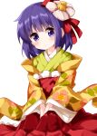  1girl bangs closed_mouth cowboy_shot eyebrows_visible_through_hair floral_print flower flower_on_head hair_ornament hands_together head_tilt hieda_no_akyuu highres japanese_clothes kimono long_sleeves looking_at_viewer pink_flower purple_hair ruu_(tksymkw) short_hair simple_background solo standing touhou v_arms violet_eyes white_background wide_sleeves 