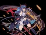 1girl arknights bangs bare_shoulders belt black_background black_gloves black_shorts blue_belt blue_hair blue_jacket ch&#039;en_(arknights) chi_xiao_(arknights) commentary dragon_horns feet_out_of_frame fingerless_gloves gloves grey_shirt hair_between_eyes highres holding holding_sword holding_weapon horns jacket long_hair looking_at_viewer navel necktie off_shoulder open_clothes open_jacket red_eyes shirt short_shorts shorts simple_background sleeveless sleeveless_shirt solo standing strenight sword tail thighs weapon