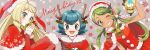  3girls :d ahoge bangs bell blonde_hair blue_eyes blue_hair blush box capelet eyebrows_visible_through_hair eyelashes freckles fur_trim gen_5_pokemon gift gift_box green_eyes green_hair grey_background hat holding lana_(pokemon) lillie_(pokemon) litwick long_hair long_sleeves looking_at_viewer mallow_(pokemon) merry_christmas multiple_girls one_eye_closed open_mouth pokemon pokemon_(game) pokemon_sm red_capelet red_headwear santa_hat sasairebun short_hair smile swept_bangs symbol_commentary tongue twintails 