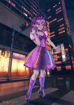  1girl artist_name black_hair breasts building copyright_request crosswalk dress full_body highres looking_at_viewer open_mouth outdoors purple_dress purple_footwear ruby_suguri shoes short_hair standing traffic_light 