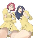  2girls agent_aika aika_(series) bangs bianca_(agent_aika) blue_hair breasts brown_eyes cleavage_cutout closed_mouth clothing_cutout commentary_request crotch_seam delmogeny_uniform dress golden_delmo highres juliet_sleeves large_breasts light_smile lipstick long_hair long_sleeves looking_at_viewer makeup medium_breasts multiple_girls panties petoriyacowa_rie pleated_dress puffy_sleeves red_eyes redhead short_hair sleeve_cuffs standing suou9400 thighs underwear white_background white_panties yellow_dress 