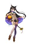  1girl animal_ears black_hair breasts cape cat_ears cat_tail full_body hair_ornament highres lantern long_hair looking_at_viewer official_art original purple_legwear shorts simple_background solo tail thigh-highs twintails white_background white_legwear yuu_(higashi_no_penguin) 