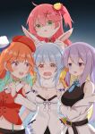  4girls absurdres anger_vein angry animal_ears arm_hug ear_pull empty_eyes eye_contact highres hololive hololive_english hololive_indonesia kurashina_yuzuki looking_at_another moona_hoshinova multiple_girls rabbit_ears rabbit_girl sakura_miko takanashi_kiara teardrop tearing_up trembling usada_pekora virtual_youtuber yandere 