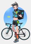  1boy backpack bag bandaid bandaid_on_nose belt bicycle bike_shorts black_hair blue_eyes blush cellphone chip_ice fingerless_gloves full_body gloves ground_vehicle highres male_focus midriff navel orange_legwear original phone shoes sneakers socks solo 