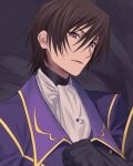  1boy ascot bangs black_background black_cape blue_jacket brown_hair cape clenched_hand code_geass cropped eyebrows_visible_through_hair hair_between_eyes hand_up highres jacket lelouch_lamperouge looking_at_viewer male_focus open_mouth short_hair sidelocks solo upper_body v-shaped_eyebrows violet_eyes white_neckwear wozue 