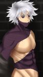 1boy abs absurdres boku_no_hero_academia dabi_(boku_no_hero_academia) highres male_focus manboobs manly muscle no_shirt pectorals scar shirtless short_hair smile sshu topless undressing white_hair