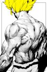  1boy absurdres back blonde_hair dragon_ball dragon_ball_z from_behind greyscale highres male_focus manly monochrome muscle niwarizumu pants shirtless simple_background solo son_goku spiky_hair super_saiyan torn_clothes 