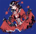  1girl aiu_eo11 black_gloves black_hair bloodless_(bloodstained) bloodstained:_ritual_of_the_night breasts dress dress_lift gloves long_hair looking_at_viewer red_dress simple_background solo 