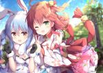  2girls ahoge animal_ear_fluff animal_ears bell black_gloves blue_hair breasts bunny_girl cherry_blossom_print detached_sleeves don-chan_(usada_pekora) floral_print gloves green_eyes hair_bell hair_ornament hairclip hololive multiple_girls niwasane_(saneatsu03) one_eye_closed open_mouth orange_eyes outdoors pink_hair rabbit_ears sakura_miko sideboob sky tree usada_pekora virtual_youtuber x_hair_ornament 