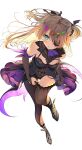  1girl asahina_hikage bangs bare_shoulders blonde_hair blush bodystocking bow breasts brown_sleeves eyepatch fischl_(genshin_impact) garter_straps genshin_impact gloves green_eyes hair_over_one_eye highres long_hair looking_at_viewer medium_breasts open_mouth purple_bow purple_neckwear simple_background single_glove single_leg_pantyhose single_thighhigh thigh-highs two_side_up white_background 