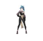  1girl absurdres bangs black_bodysuit blue_hair bodysuit cape commentary_request earrings fire_emblem fire_emblem_heroes full_body hand_on_hip highres jewelry kozaki_yuusuke long_hair looking_at_viewer official_art reginn_(fire_emblem) shiny shiny_hair simple_background solo standing tied_hair white_background yellow_eyes 