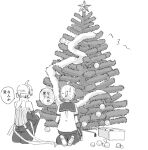  2boys bare_shoulders box christmas_garland christmas_ornaments christmas_tree commentary d_futagosaikyou decorating detached_sleeves failure from_behind garland_(decoration) greyscale headphones kagamine_len kagamine_len_(append) kneeling leg_warmers male_focus monochrome multiple_boys multiple_persona sailor_collar shirt short_ponytail short_sleeves shorts sleeveless sleeveless_shirt speech_bubble spiky_hair star_(symbol) sweat translated vocaloid vocaloid_append white_background 