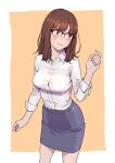  1girl bangs blush breasts brown_hair collared_shirt commentary cowboy_shot glasses highres long_hair looking_to_the_side medium_breasts office_lady original over-rim_eyewear peco_(pockleberry) pencil_skirt red_eyes semi-rimless_eyewear shirt skirt sleeves_rolled_up smile solo tight_shirt white_shirt 