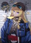  1girl absurdres black_choker black_headwear blonde_hair blue_jacket braid choker closed_mouth earrings eyebrows_visible_through_hair eyewear_on_head girls_frontline graffiti hat highres jacket jewelry jiafei2o3 long_hair looking_at_viewer rubik&#039;s_cube solo vhs_(girls_frontline) violet_eyes 