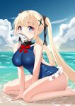  1girl absurdres azur_lane backless_swimsuit bangs bare_arms bare_legs bare_shoulders barefoot black_ribbon blonde_hair blue_eyes blue_sky blue_swimsuit blunt_bangs blush bow bowtie breasts casual_one-piece_swimsuit cat_(yidsv) clouds day dead_or_alive eyebrows_visible_through_hair fish frilled_swimsuit frills hair_ornament hair_ribbon highres horizon huge_filesize kneeling large_breasts leaning_forward long_hair looking_at_viewer marie_rose medium_breasts mouth_hold ocean one-piece_swimsuit outdoors red_bow red_neckwear ribbon sky solo swimsuit twintails very_long_hair water x_hair_ornament 