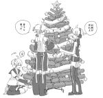  +++ 3boys bare_shoulders box christmas_garland christmas_lights christmas_ornaments christmas_tree closed_eyes commentary d_futagosaikyou decorating detached_sleeves from_behind garland_(decoration) greyscale headphones kagamine_len kagamine_len_(append) leg_warmers looking_at_another male_focus monochrome multiple_boys multiple_persona pointing project_diva_(series) punkish_(module) sailor_collar seiza shirt short_ponytail short_sleeves shorts sitting sleeveless sleeveless_shirt smile speech_bubble spiky_hair standing star_(symbol) sweat translated vocaloid vocaloid_append white_background 