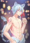  1boy animal_ear_fluff animal_ears blue_hair blurry blurry_background body_markings braid closed_mouth collarbone crash_fever dated eyebrows_visible_through_hair facial_mark fan fingernails hair_between_eyes hand_on_hip holding holding_fan jewelry light_blue_hair looking_at_viewer male_focus male_swimwear navel nipples shirtless signature slit_pupils solo swim_briefs swimsuit swimwear tail tail_ornament tail_ring tenjou_tsuki violet_eyes 