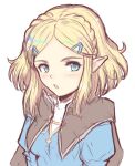  1girl bangs blonde_hair blue_eyes blue_jacket blush braid cape cat_with_a_brush face hair_ornament hairclip jacket light_blush long_sleeves open_mouth parted_bangs pointy_ears portrait princess_zelda shirt short_hair single_braid solo the_legend_of_zelda the_legend_of_zelda:_breath_of_the_wild the_legend_of_zelda:_breath_of_the_wild_2 white_shirt 