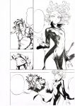  1girl absurdres breasts closed_mouth covered_navel curly_hair floating_hair greyscale gyorogyoro hand_up highres index_finger_raised long_sleeves medium_hair monochrome monster murata_yuusuke no_panties official_art one-punch_man pelvic_curtain scan skin_tight small_breasts tatsumaki traditional_media 