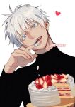  1boy artist_name bangs black_shirt blue_eyes cake cream food gojou_satoru hair_between_eyes hand_up heart holding holding_plate jujutsu_kaisen kadeart long_sleeves looking_at_viewer male_focus open_mouth plate shirt short_hair simple_background smile solo turtleneck upper_body white_background white_hair 