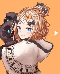  1girl abigail_williams_(fate/grand_order) admjgdme bandaid bandaid_on_forehead bangs black_bow blonde_hair blue_eyes blush bow breasts closed_mouth crossed_bandaids dress fate/grand_order fate_(series) forehead hair_bow hair_bun highres legs long_hair looking_at_viewer multiple_bows orange_background orange_bow parted_bangs sidelocks small_breasts 