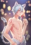  1boy animal_ear_fluff animal_ears blue_hair blurry blurry_background body_markings braid closed_mouth collarbone crash_fever dated eyebrows_visible_through_hair facial_mark fan fingernails hair_between_eyes hand_on_hip holding holding_fan jewelry light_blue_hair looking_at_viewer male_focus male_swimwear navel nipples shirtless signature slit_pupils solo swim_briefs swimsuit swimwear tail tail_ornament tail_ring tenjou_tsuki violet_eyes 