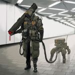  android gun hallway highres holding holding_gun holding_weapon humanoid_robot korean_commentary no_humans original robot science_fiction siku199 standing weapon wire 