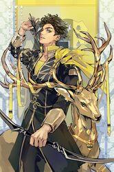  1boy animal arm_up arrow_(projectile) banner black_coat black_hair black_pants bow_(weapon) braid cape claude_von_riegan coat commentary_request cowboy_shot dark_skin dark_skinned_male deer deer_antlers deviantart_username earrings fire_emblem fire_emblem:_three_houses floating_cape garreg_mach_monastery_uniform green_eyes holding holding_arrow holding_bow_(weapon) holding_weapon instagram_username jewelry long_sleeves male_focus pants parted_lips quiver shadow short_hair smile solo standing star_(symbol) watermark weapon web_address yellow_cape zzyzzyy 