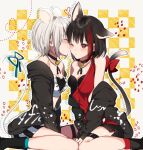  2girls animal_ears aoba_moca bang_dream! bell bell_collar between_legs black_hair blush cat_ears cat_tail checkered checkered_background closed_eyes collar grey_hair hand_between_legs mitake_ran mizukikushou mouse_ears mouse_tail multicolored_hair multiple_girls off_shoulder one_eye_closed red_eyes redhead ribbon short_hair sitting smile streaked_hair tail tail_ornament tail_ribbon v_arms yuri 