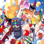  alcohol black_tea blonde_hair bug butterfly champagne dumpling fan food fruit glasses hanada_hyou insect instrument kirisame_marisa knife lowres one_eye_closed peach phone piano rd-sounds tea touhou yin_yang yorigami_jo&#039;on 